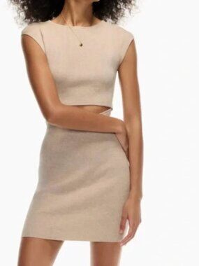 Aritzia Wilfred Cut Out Neutral Ribbed Knit Cap Sleeve Mini Dress Oatmeal S $89